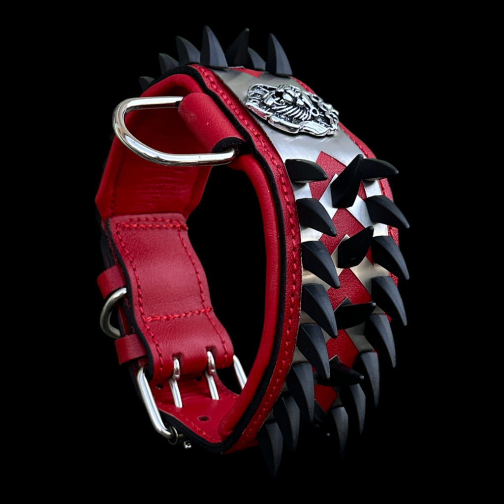 A&C Dog Collars red leather handmade dog collar with spikes