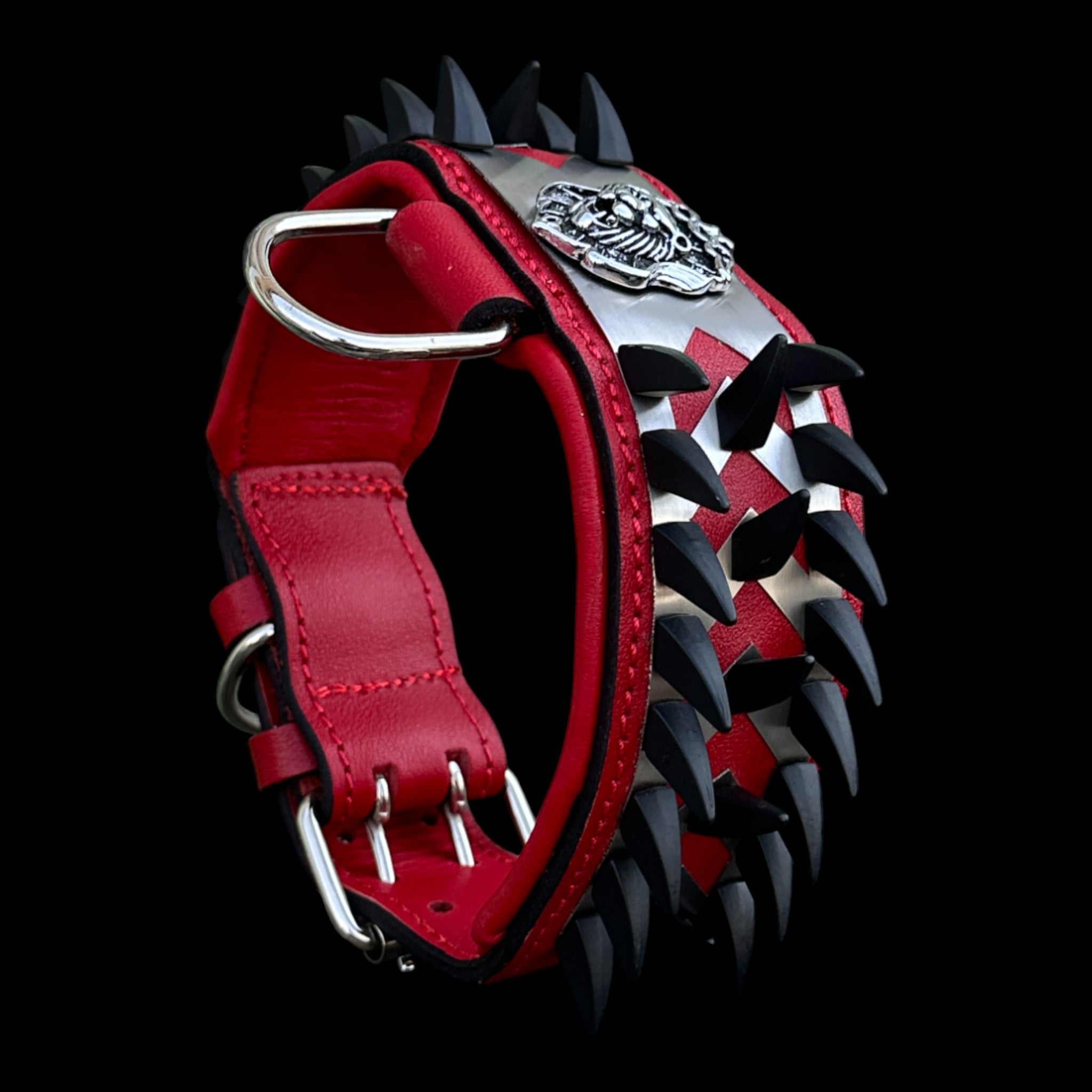 A&C Dog Collars red leather handmade dog collar with spikes