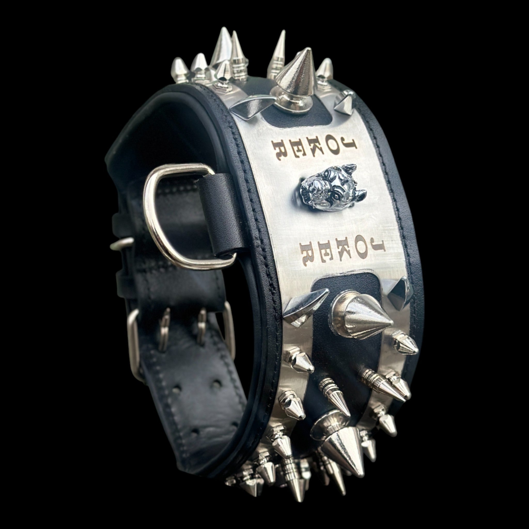 Chrome steel dog collar with Bully head emblem