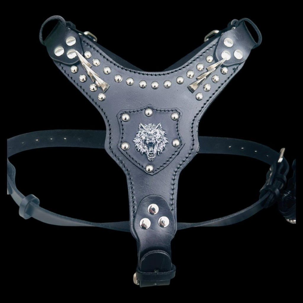 Black Leather Dog Collar, Harness & Leash Set – Handmade Spiked Large Breed Set