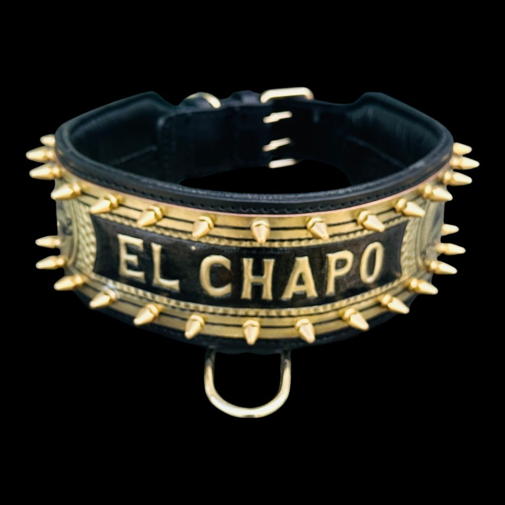 Personalized Black & Gold Leather Dog Collar & Harness Set – Handmade Spiked Design