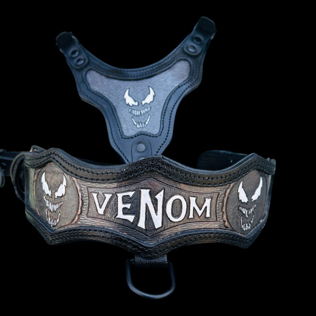 Asymmetric Copper Engraved Leather Dog Collar&Harness Set – Handmade Wide Collar Set