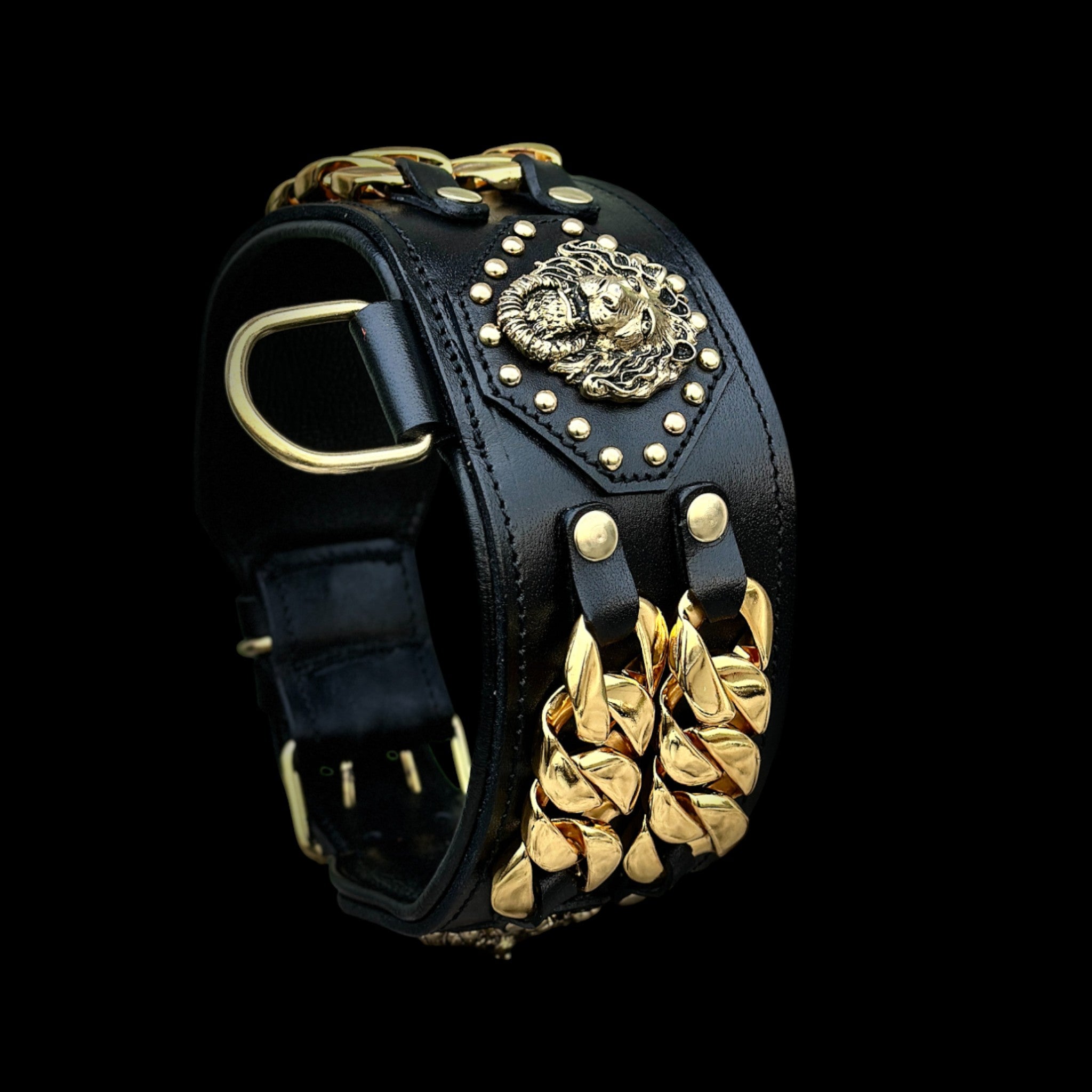 Handcrafted Black Leather Dog Collar – Lion Head Design with Gold Chains, Wide Strong Collar for Cane Corso, Rottweiler, Doberman, Kangal, American Bully