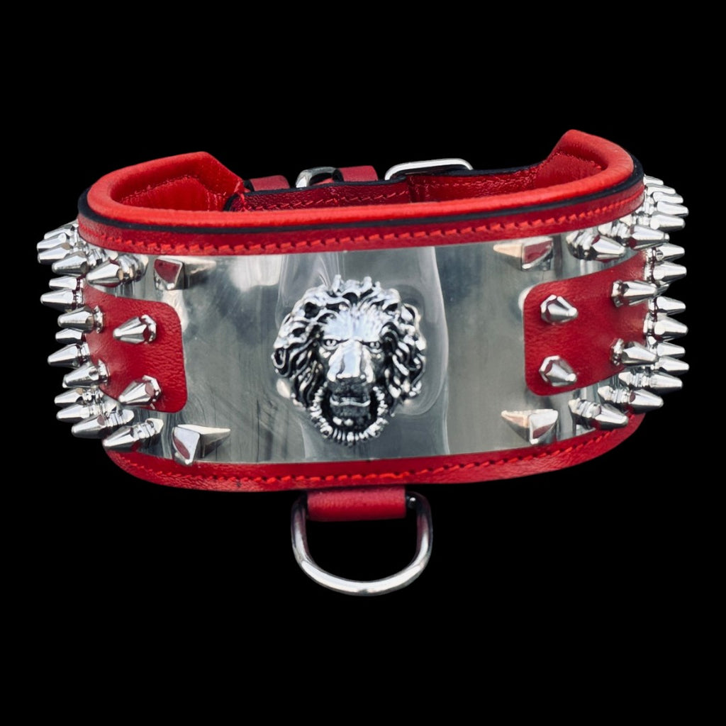 Lion Head Stainless Steel Dog Collar – Red Leather Wide Spiked Collar for Large Dogs