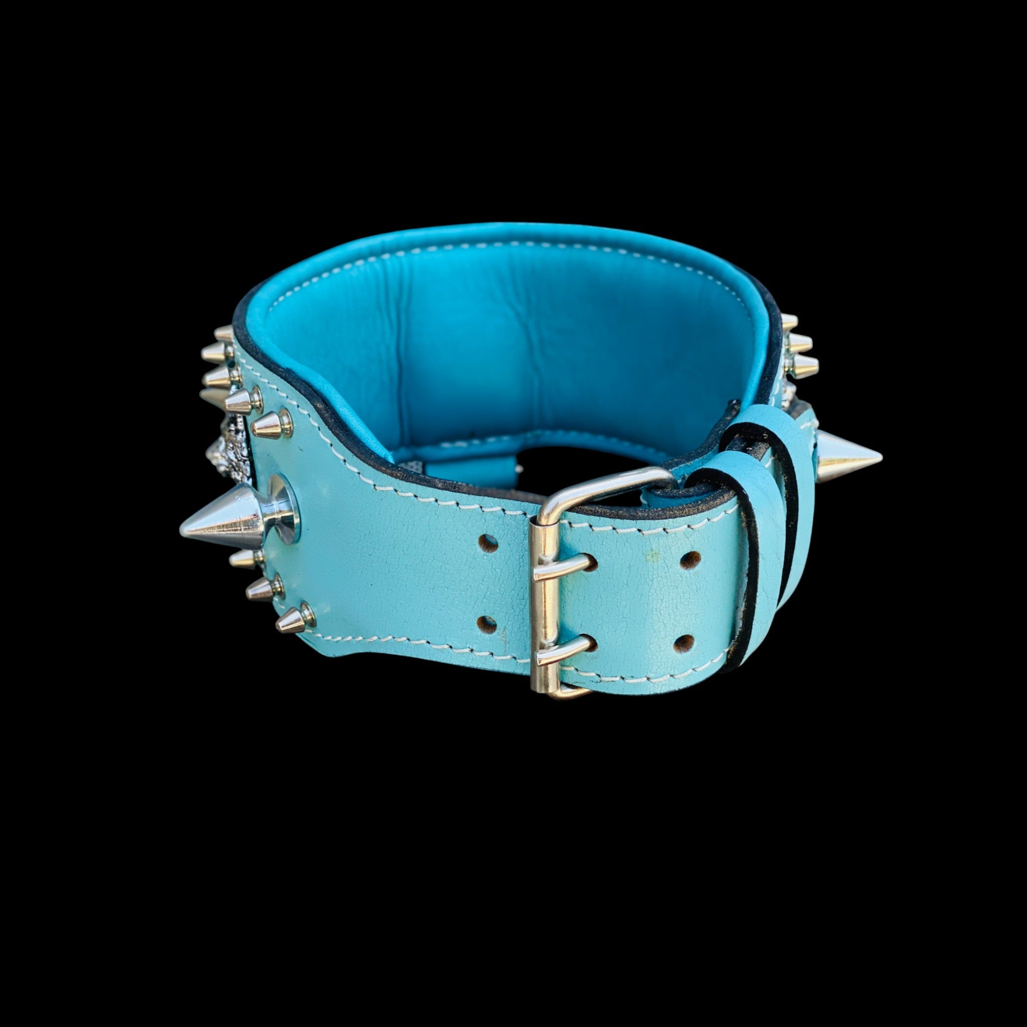 Handcrafted Turquoise Leather Dog Collar – Lion Head Design with Silver Spikes, Wide Strong Collar for Cane Corso, Rottweiler, Doberman, Kangal, American Bully