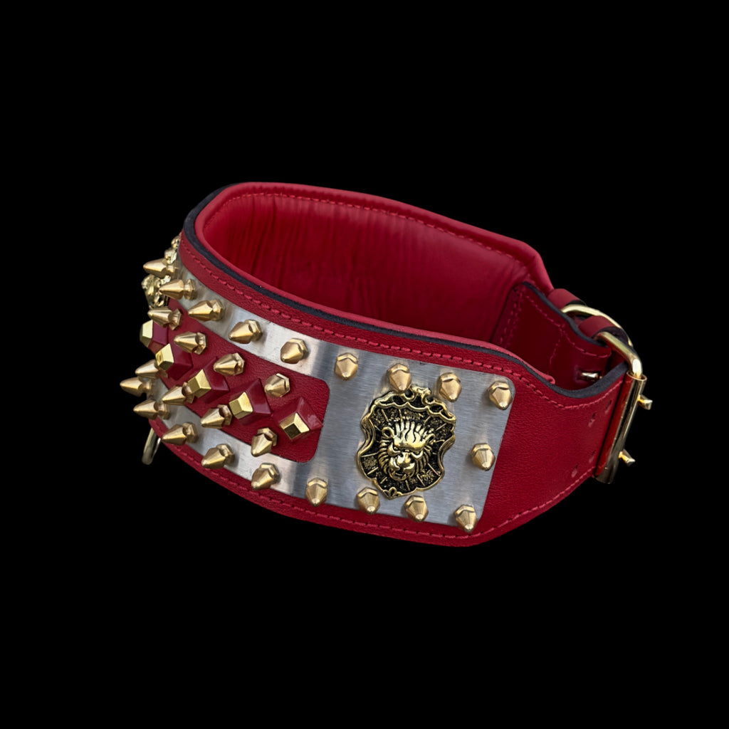 Side view of Lion Emperor Red Steel Edition showing gold spikes and steel plate details.
