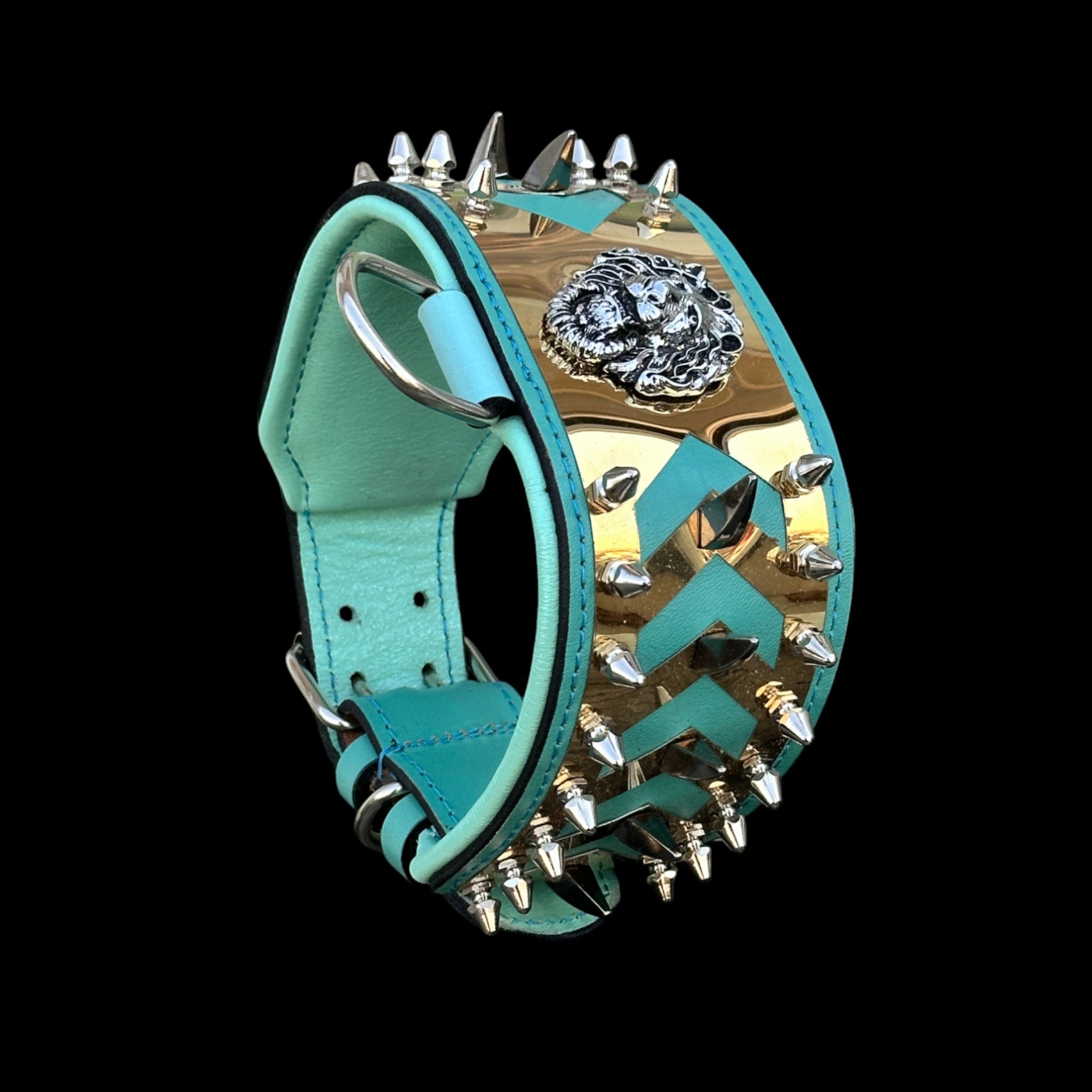 3.15 inch handmade turquoise leather dog collar with gold plate and lion emblem – luxury design for strong breeds.