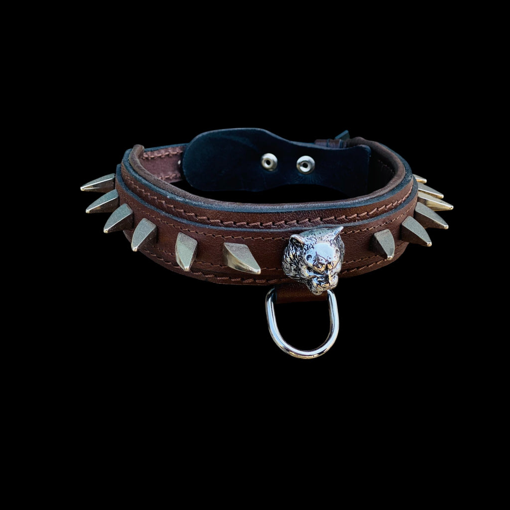 Custom handmade lion emblem leather dog collar 4cm width with ivory gold spikes – perfect for working and guard breeds like K9, Cane Corso, Rottweiler, Doberman, American Bully
