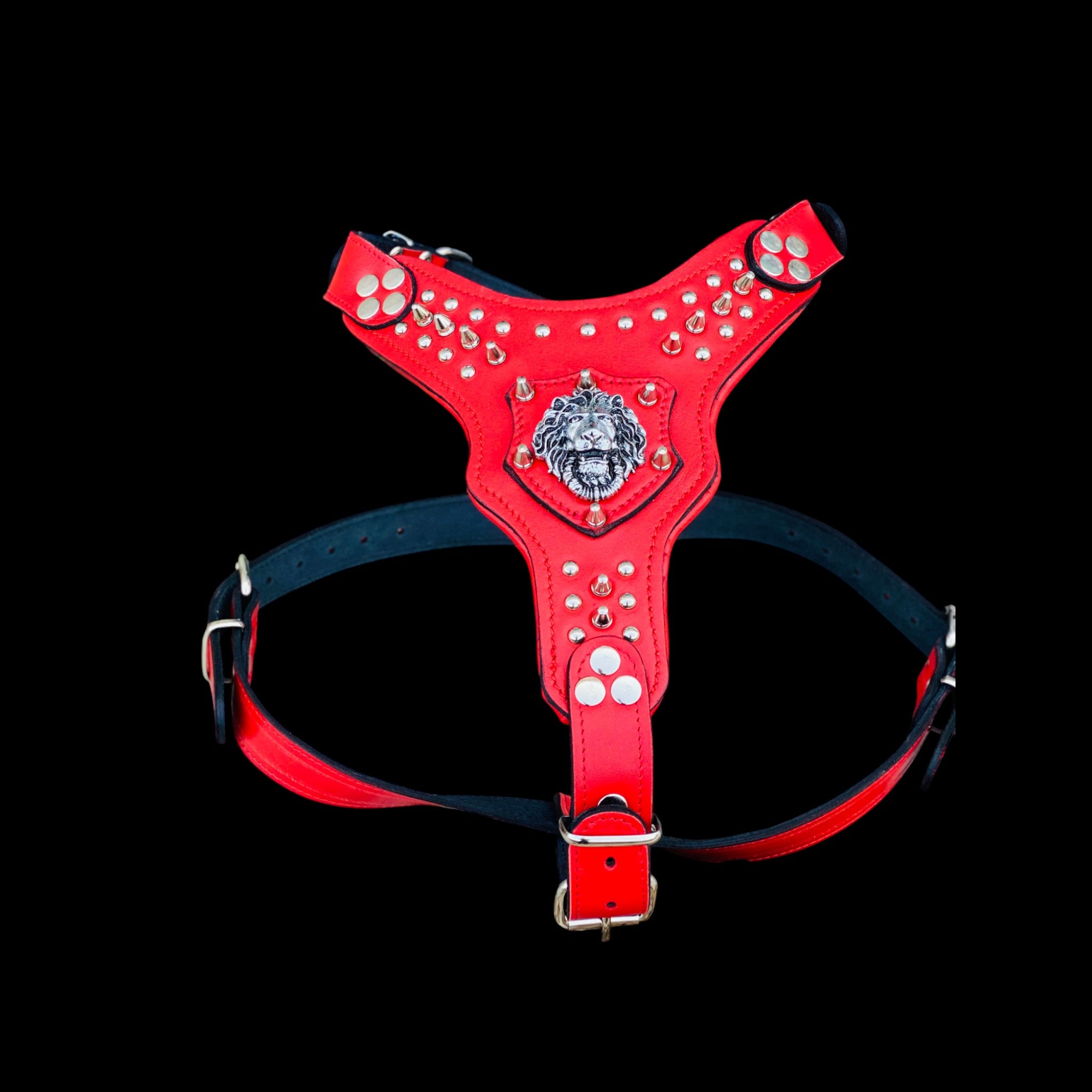 Lion logo dog chest harness with silver studs