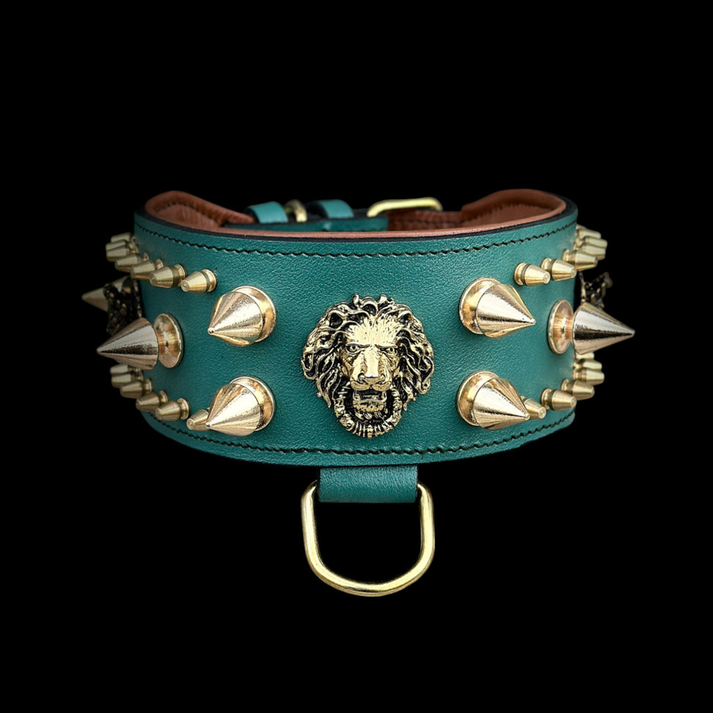Handcrafted Green Leather Dog Collar – Lion Head Design with Gold Spikes