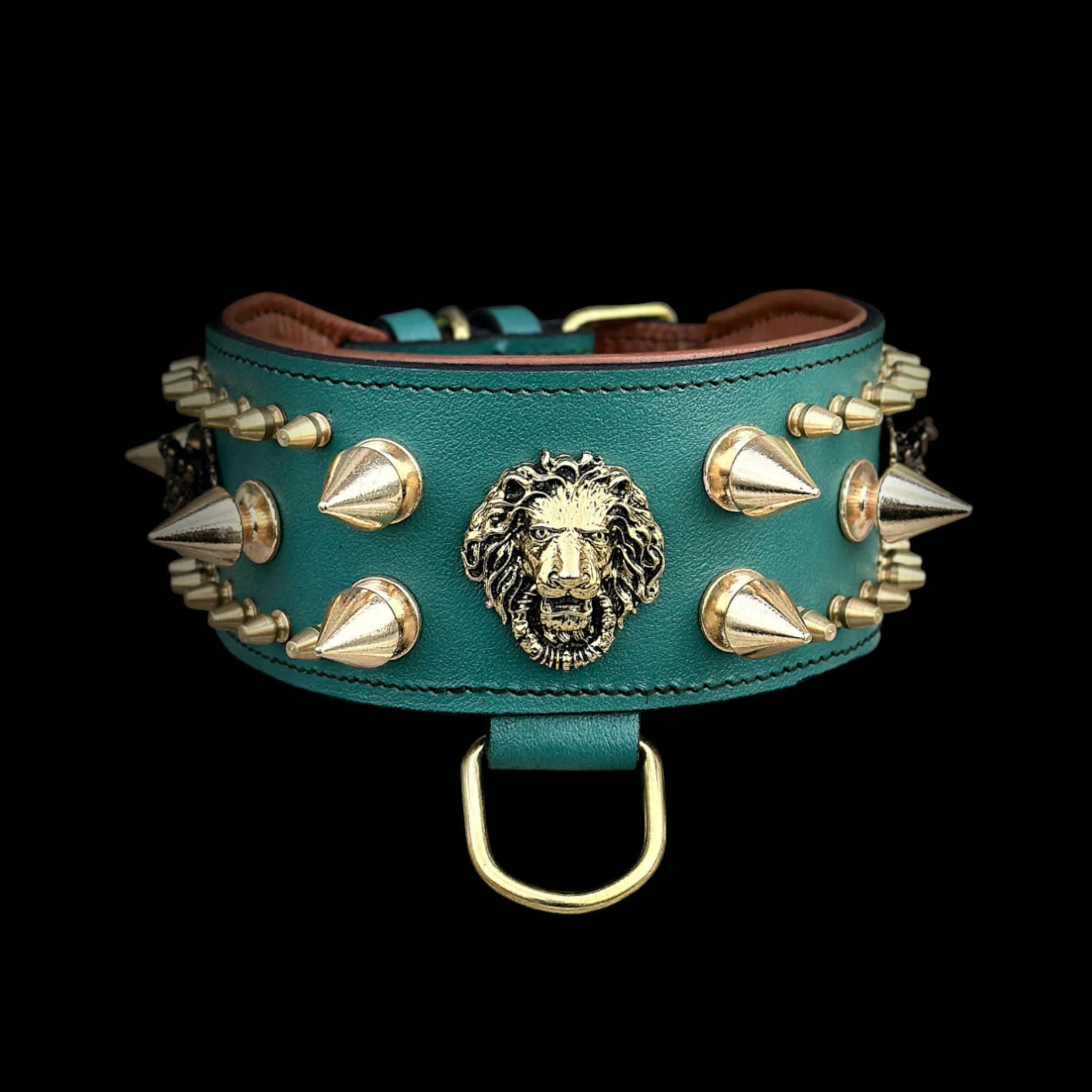 Handcrafted Green Leather Dog Collar – Lion Head Design with Gold Spikes