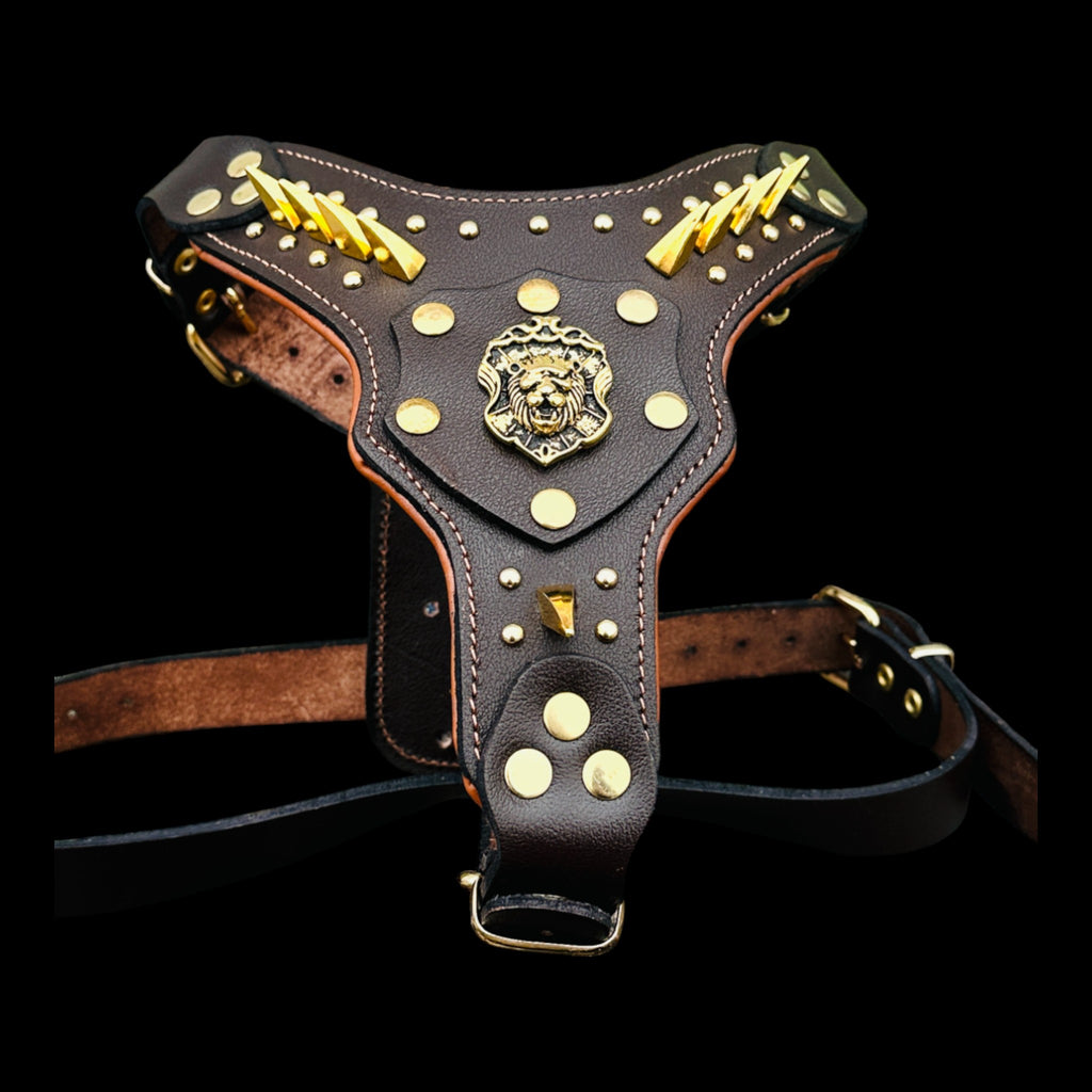 LionHeart™ Imperial – Gold Lion Emblem Buffalo Leather Dog Harness