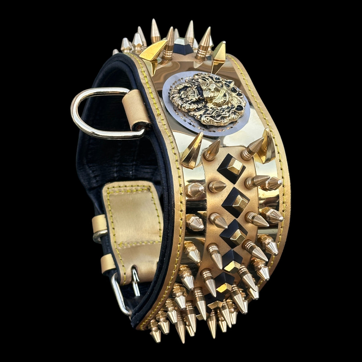 Handmade gold lion dog collar with spikes
