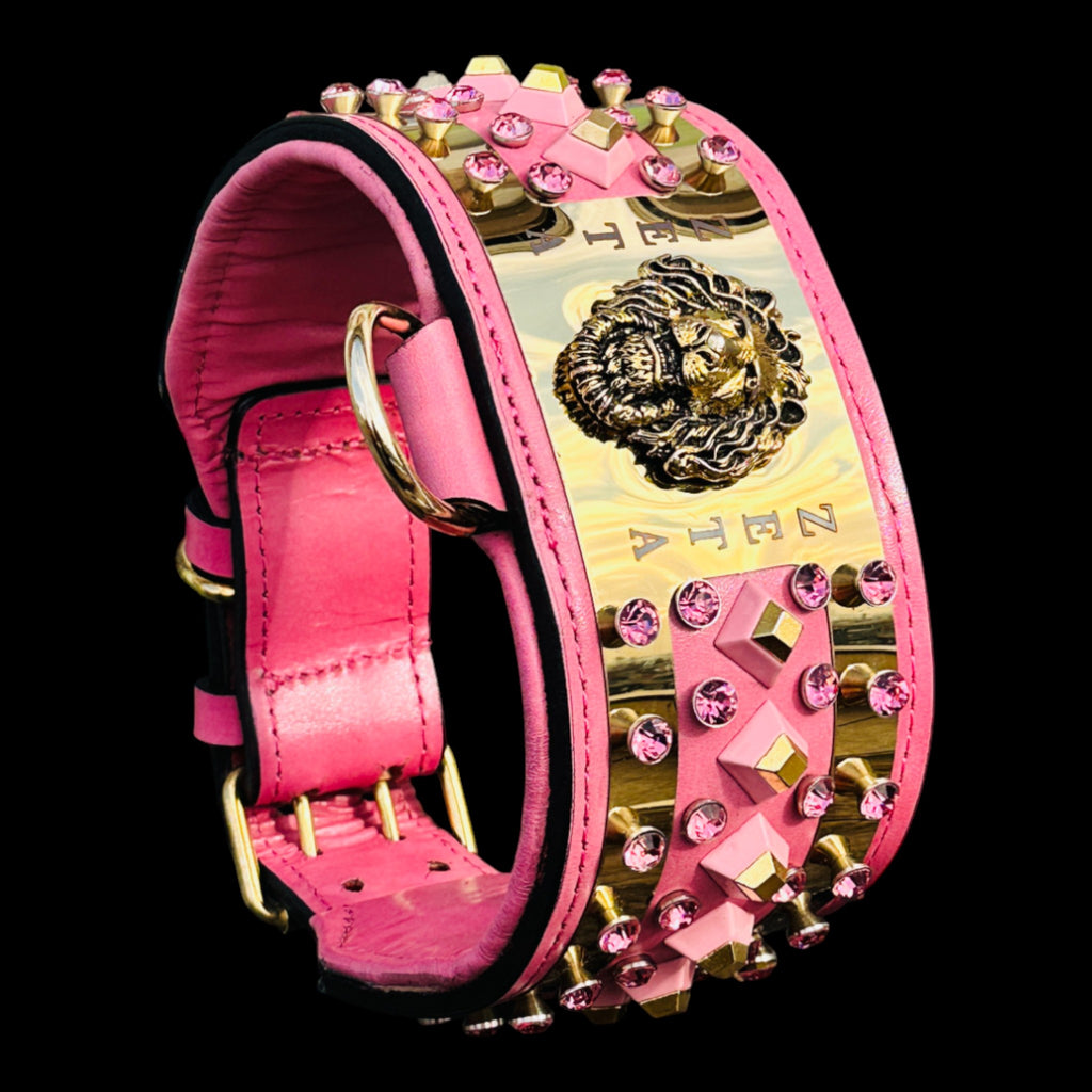 Pink and gold lion dog collar with crystals