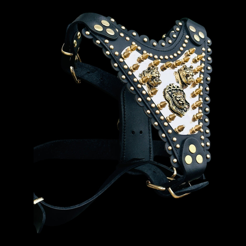 Luxury Handmade Dog Harness with Bully Head & Lion Logo – Black Leather, Gold Spikes, Heavy Duty for Large Breeds