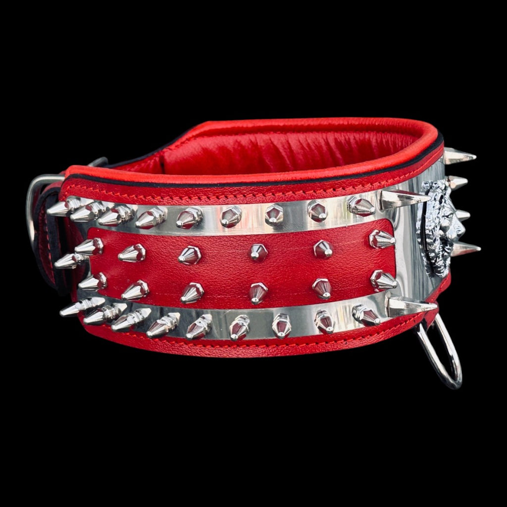Lion Head Stainless Steel Dog Collar – Red Leather Wide Spiked Collar for Large Dogs