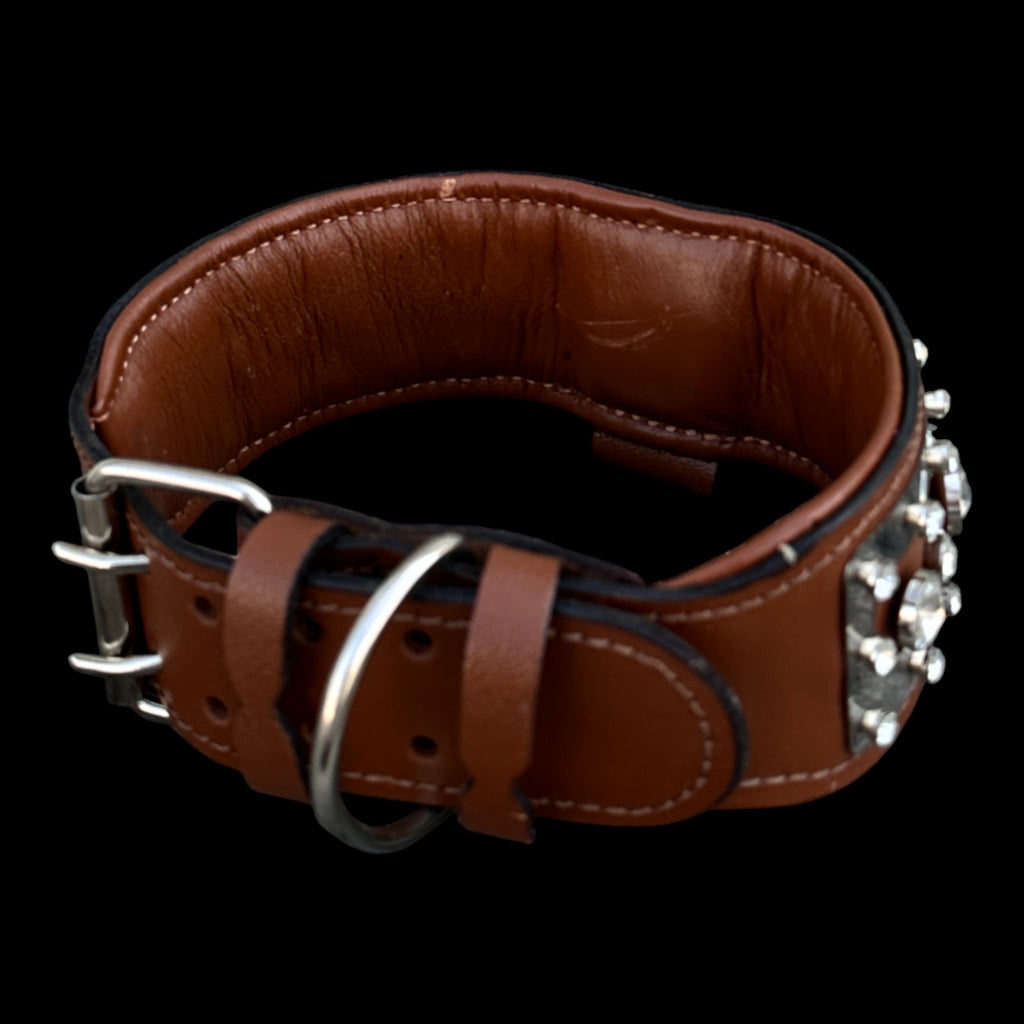 Handmade buffalo leather dog collar with crystal decorations
