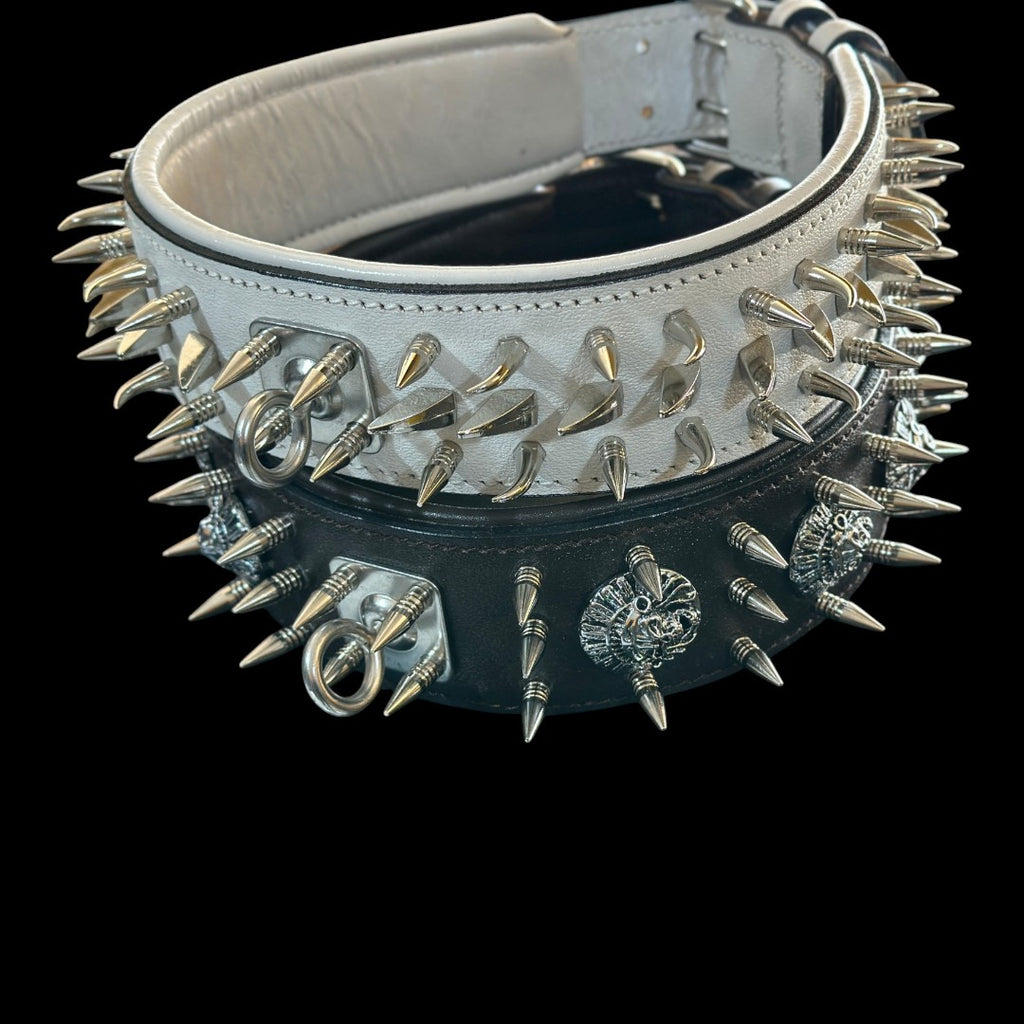 White Leather Spiked Dog Collar – Handmade Wide Collar with Silver Hardware