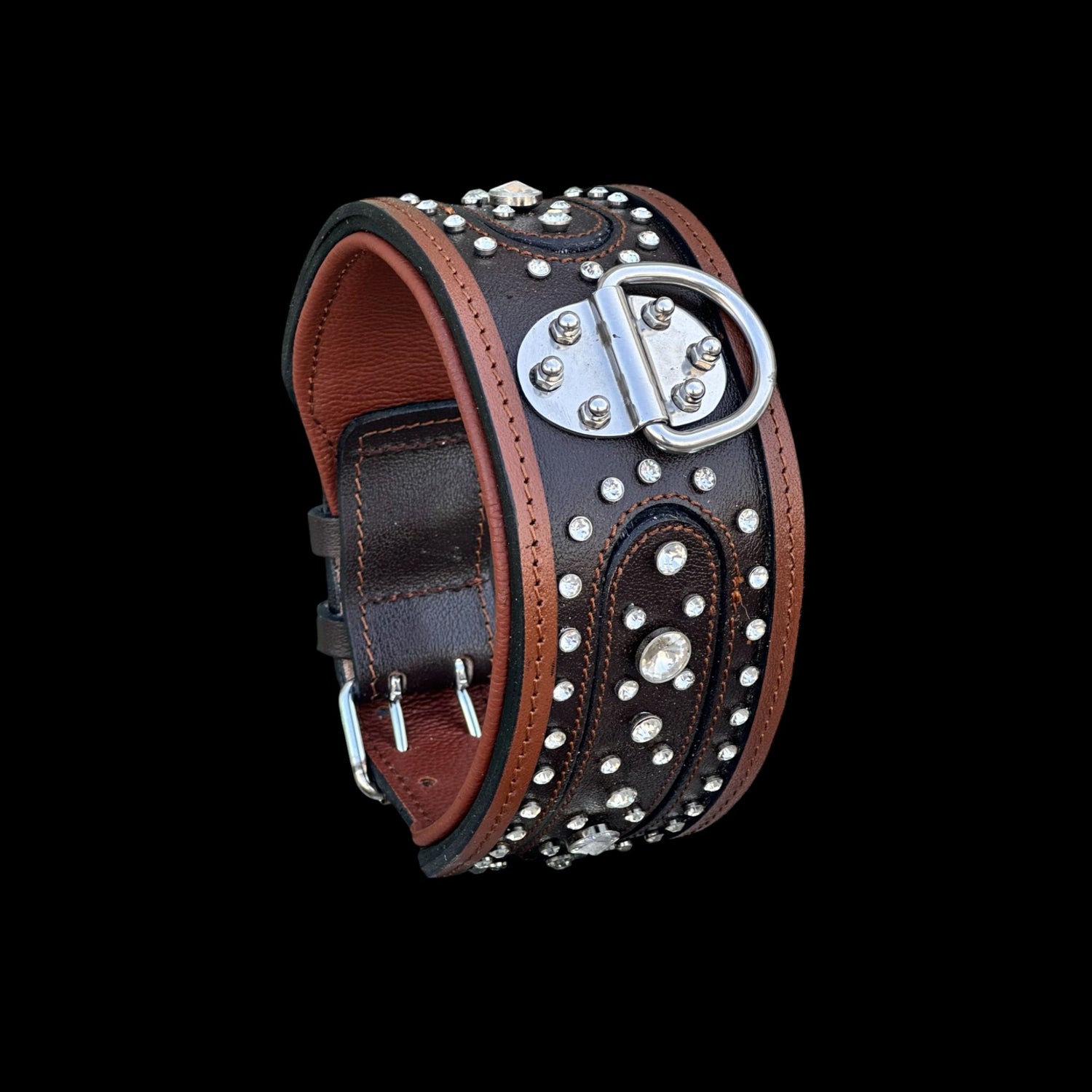 Handcrafted 8cm (3.15 inch) Wide Leather Dog Collar – Crystal Studded Design with Steel D-Ring for Cane Corso, Rottweiler, Doberman, Kangal, American Bully - A&C Dog Collars