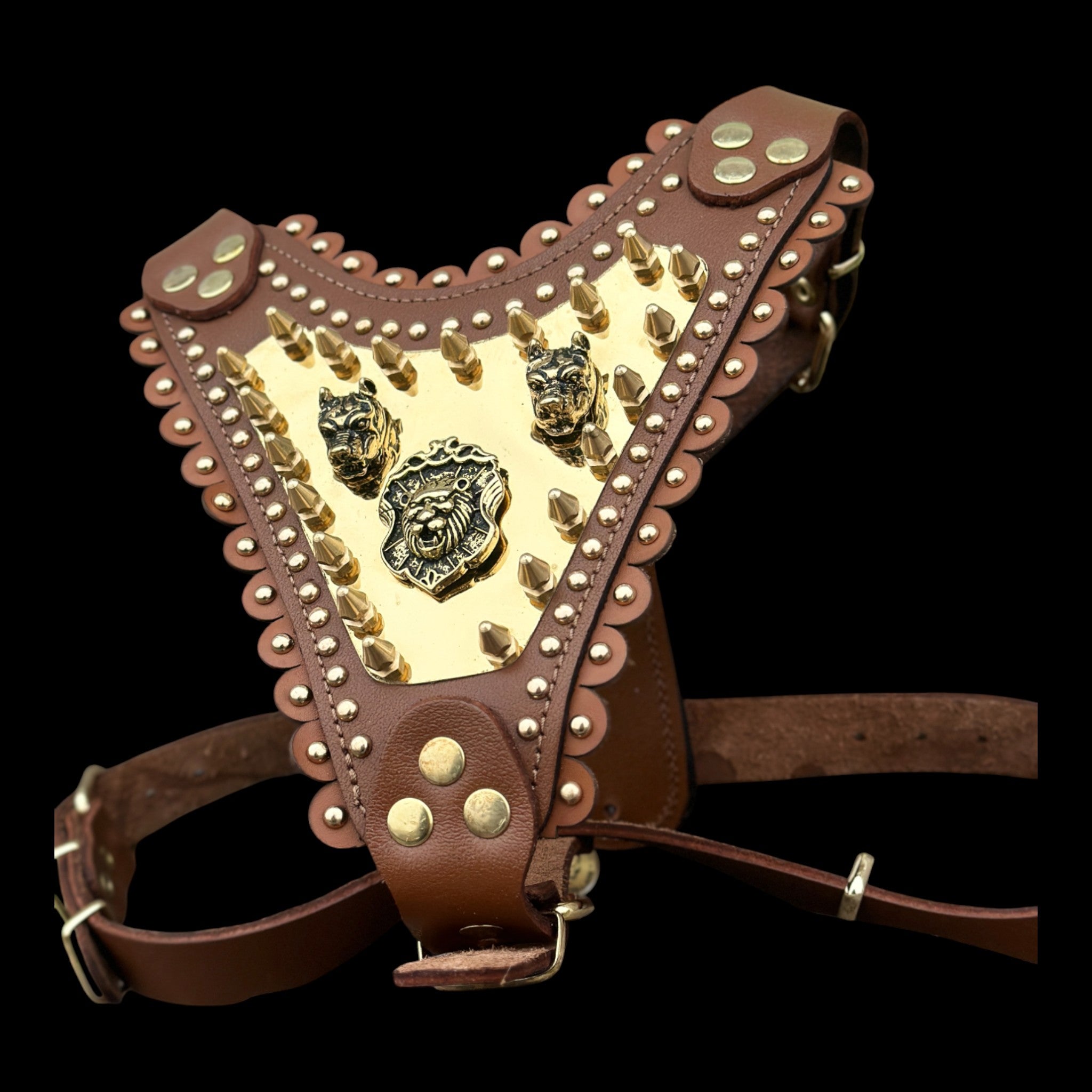 Luxury Handmade Brown Leather Dog Chest Harness with Gold Steel Plate, Bully Head & Lion Logo – Perfect for Cane Corso, Rottweiler, Kangal, Doberman, Bully, Malinois & Large Breeds