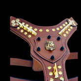 Strong leather harness with gold lion logo for Rottweiler dogs