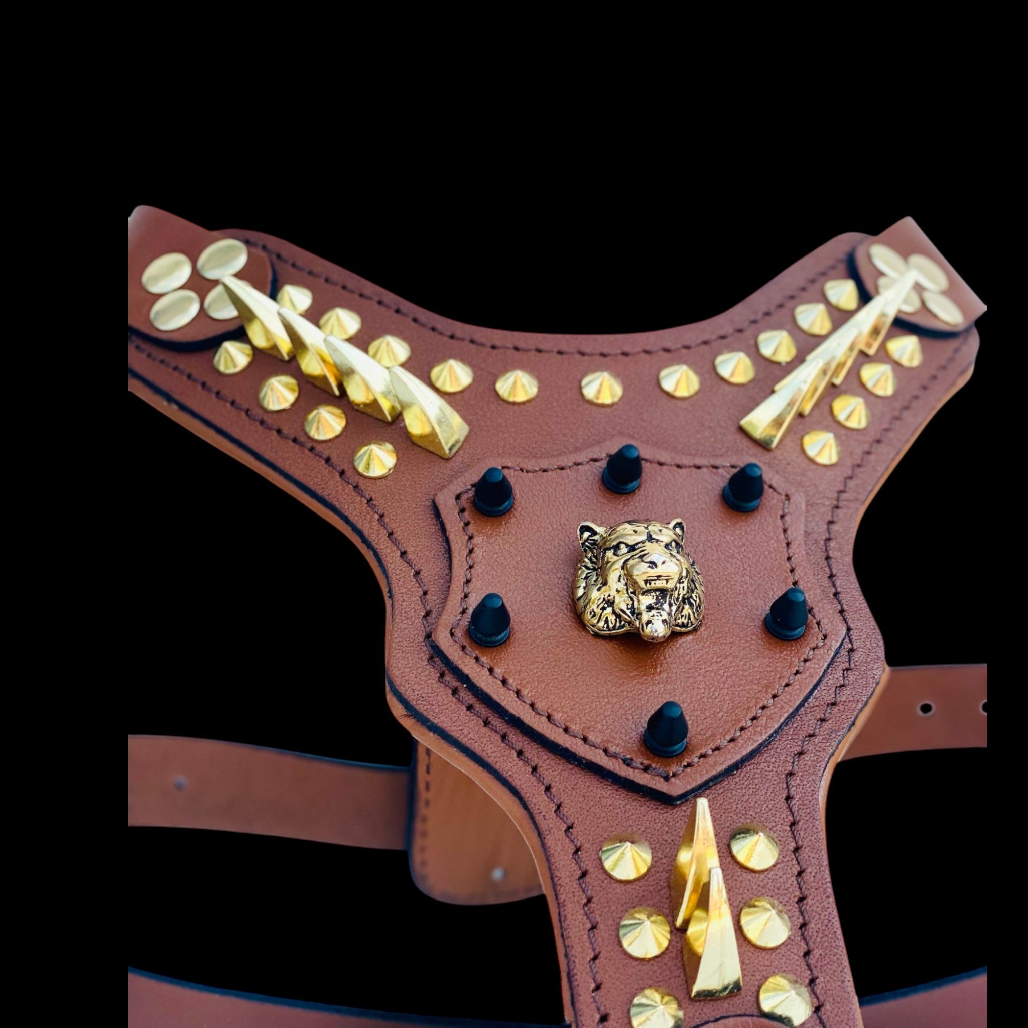 Strong leather harness with gold lion logo for Rottweiler dogs