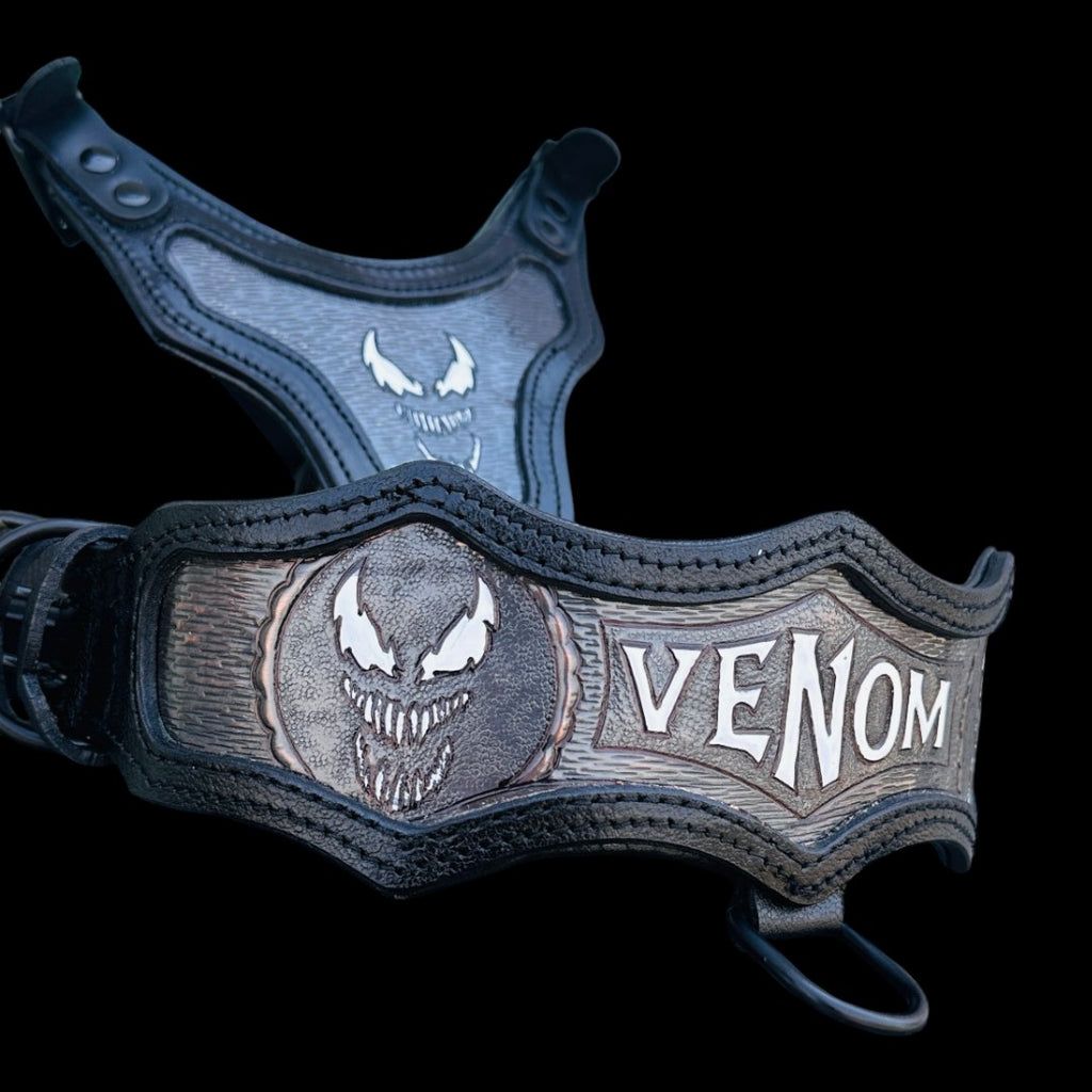 Asymmetric Copper Engraved Leather Dog Collar&Harness Set – Handmade Wide Collar Set