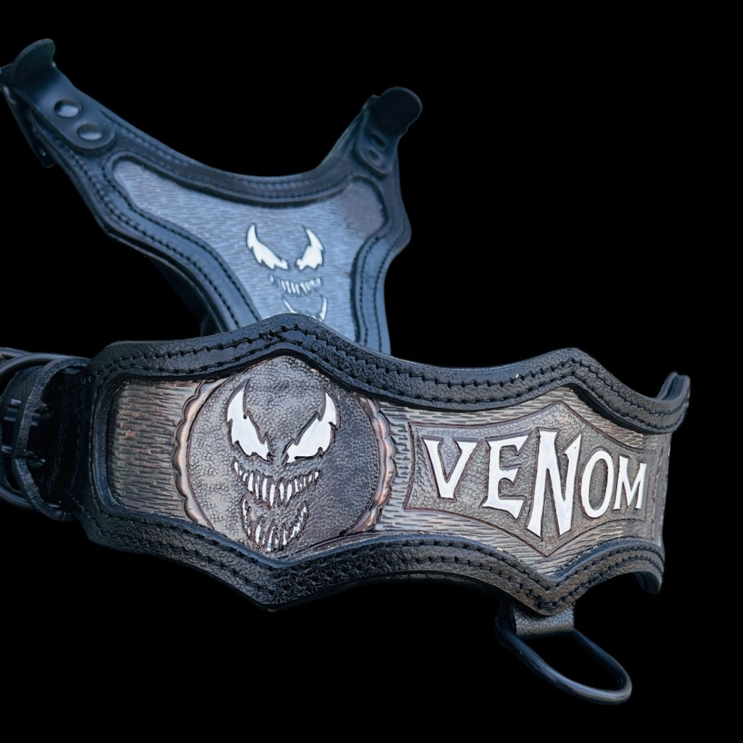 Asymmetric Copper Engraved Leather Dog Collar&Harness Set – Handmade Wide Collar Set