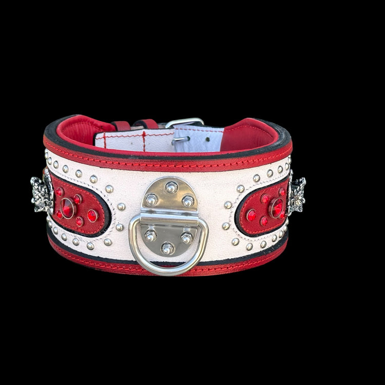 Extra Wide 3.15 Inch Handmade Dog Collar – Red & White Premium Crystal Stones - A&C Dog Collars