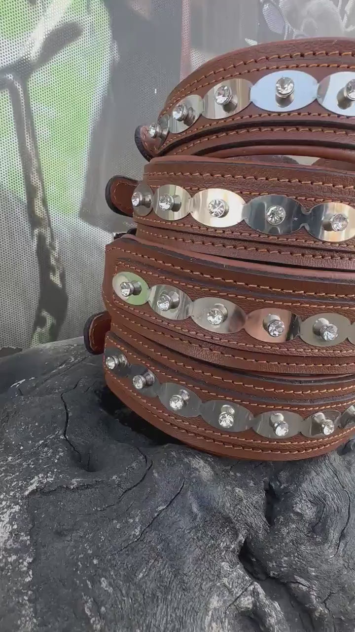 Buffalo Leather Crystal Dog Collar – Handmade Brown Silver Edition