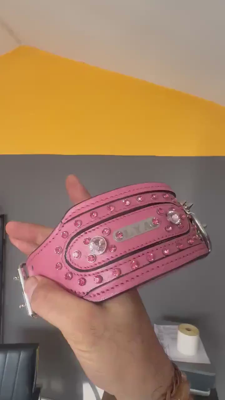 Handmade Pink Leather Dog Collar & Leash Set: Crystal Studded, Custom Name