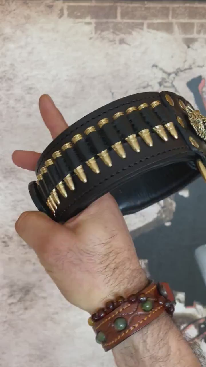 Handmade  Leather Dog Collar with Bullet Accents & Wolf Logo – Strength  Prestige for Large Breeds