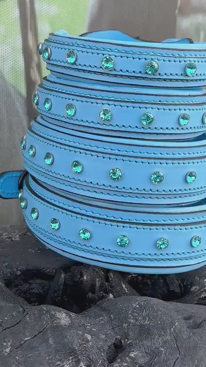 Blue Crystal Leather Dog Collar – Handmade Buffalo Leather