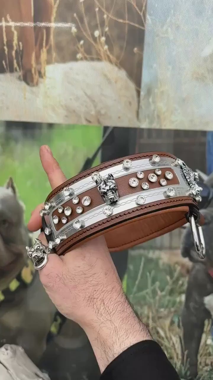 Handmade Brown Leather Dog Collar: Silver Wolf, Crystal Accent, Personalized