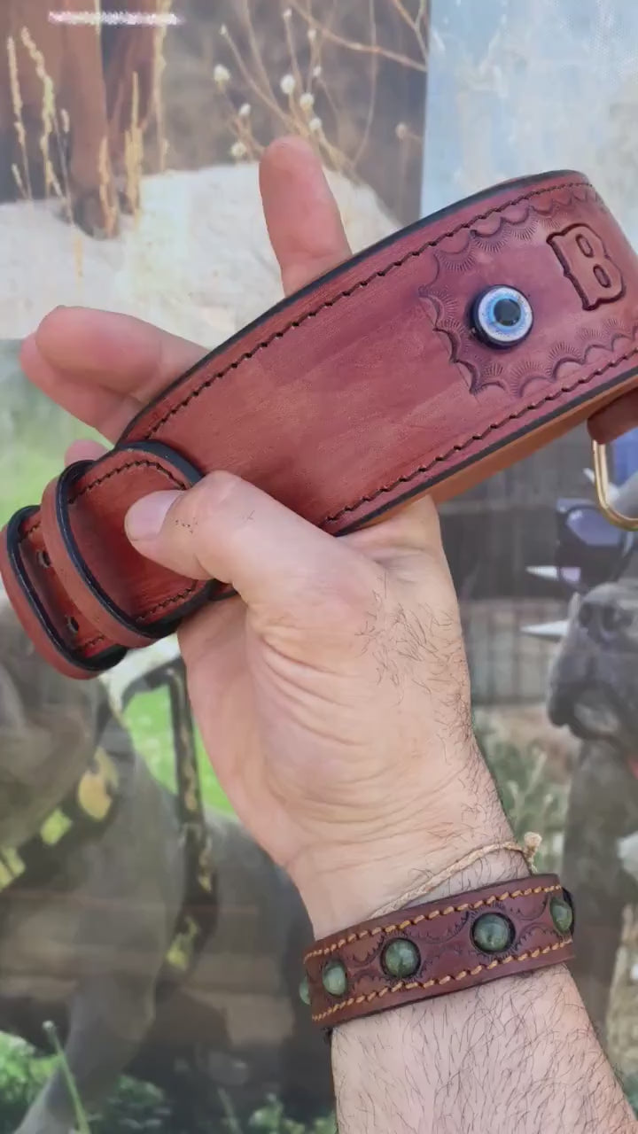Custom Engraved Buffalo Leather Dog Collar: Wide, Evil Eye Bead