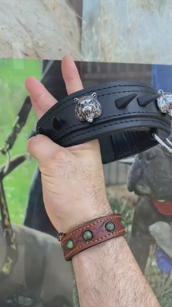 Black Buffalo Leather Dog Collar: Panther Head Studs, Matte Black Spikes