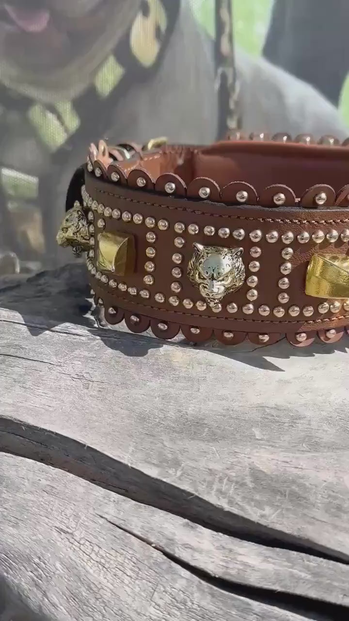 Wide Leather Dog Collar: Handmade Tan Leather with Lion Emblem