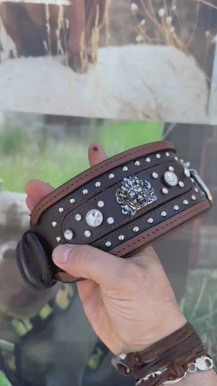 Handmade Brown Leather Crystal Dog Collar - Personalized Engraved Name Plate