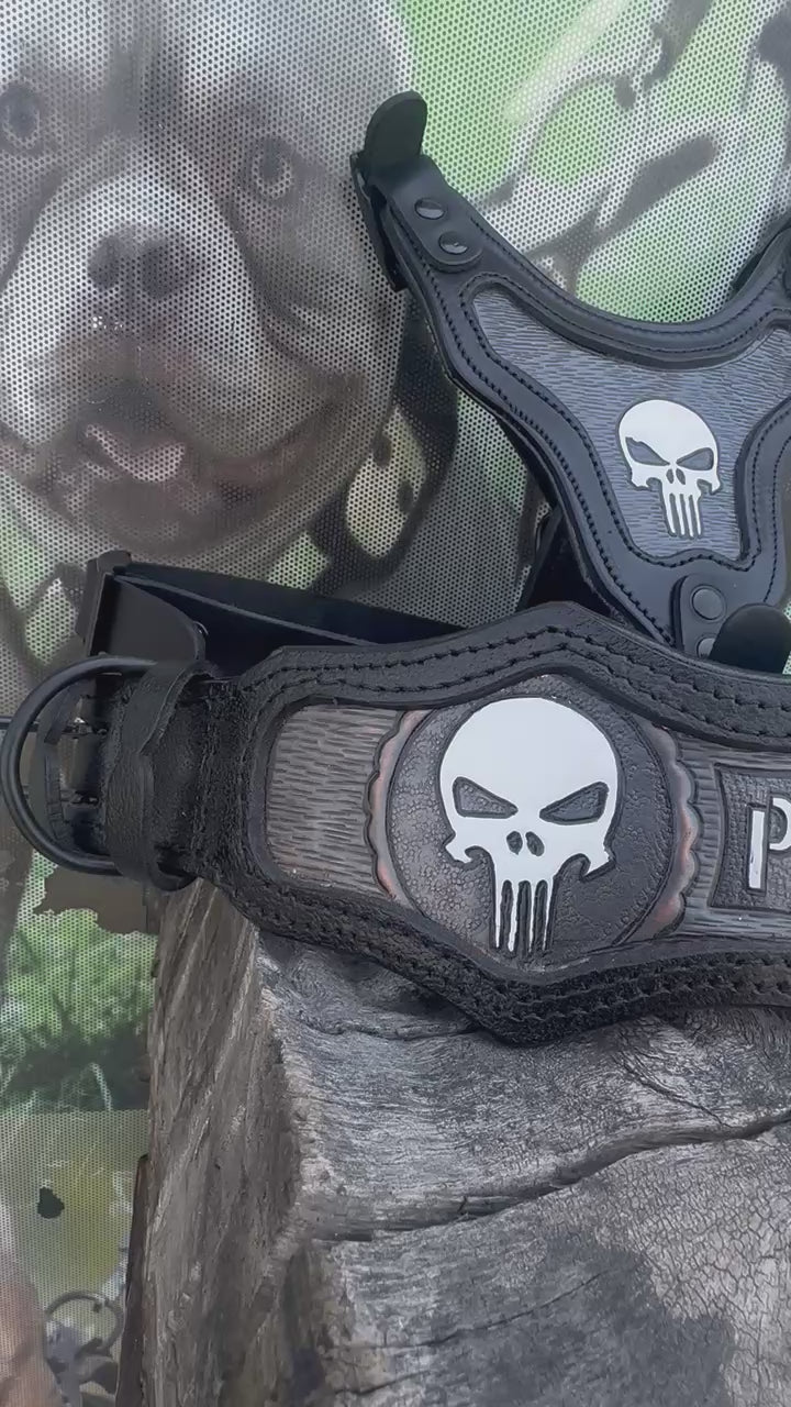 Handmade Skull Leather Dog Collar & Harness Set – Black Custom Dog Set