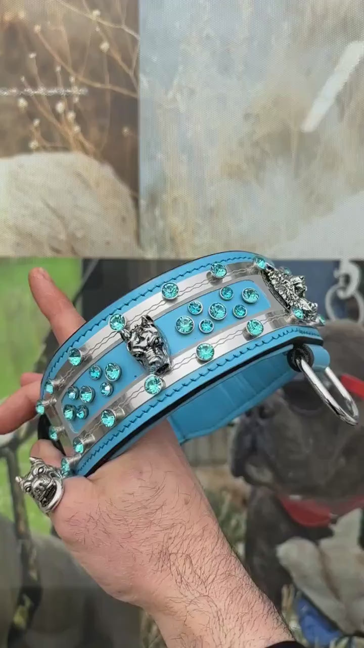 Handmade Blue Crystal Leather Dog Collar: Wide Luxury Collar for Large Breeds