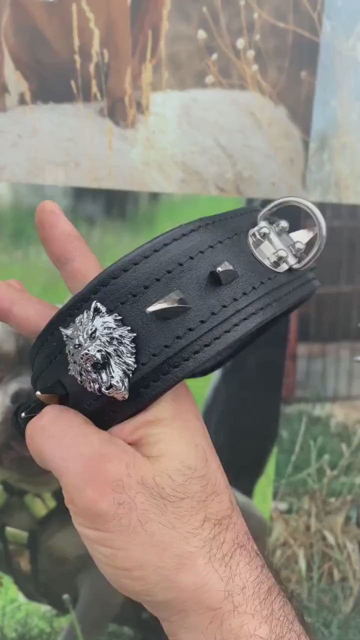 Handmade Black Leather Spiked Dog Collar: Wolf Emblem, Heavy Duty