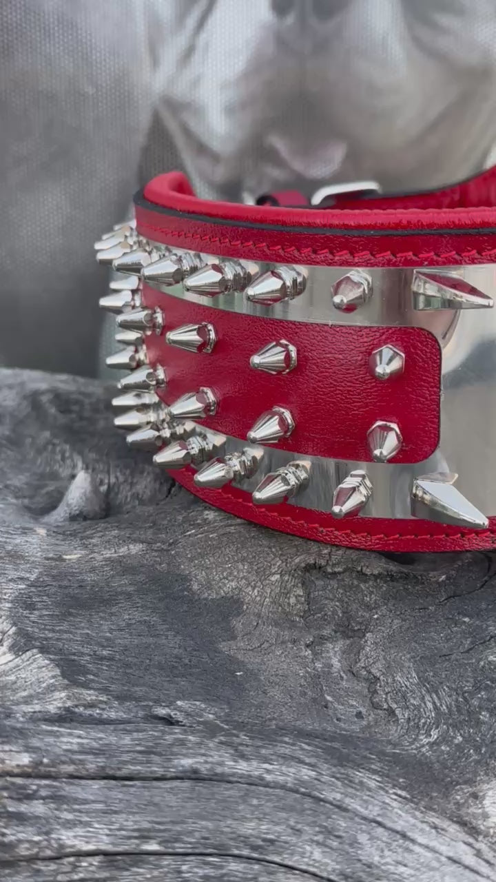 Lion Head Stainless Steel Dog Collar – Red Leather Wide Spiked Collar for Large Dogs