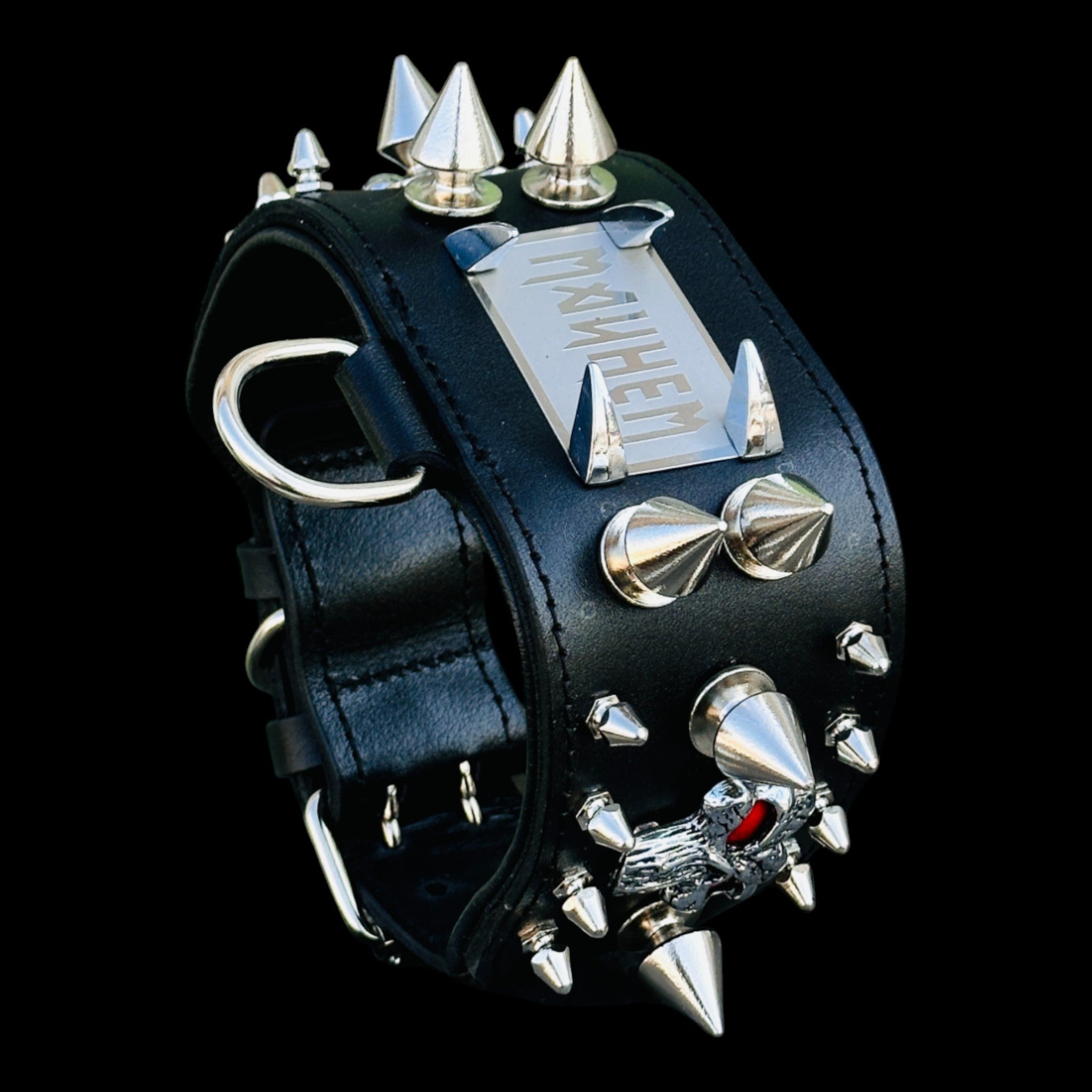 Handmade black leather dog collar with silver spikes and nameplate