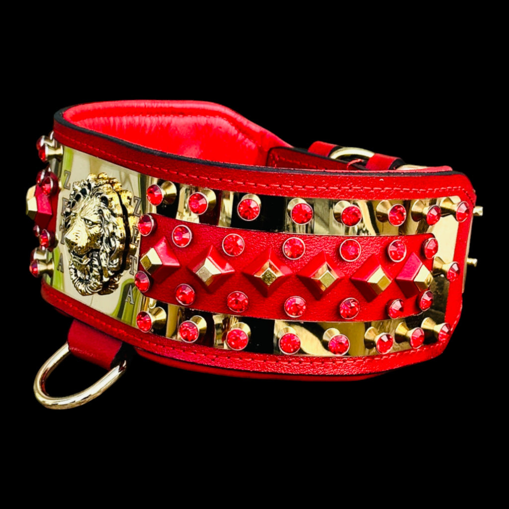 Gold lion logo on luxury red dog collar
