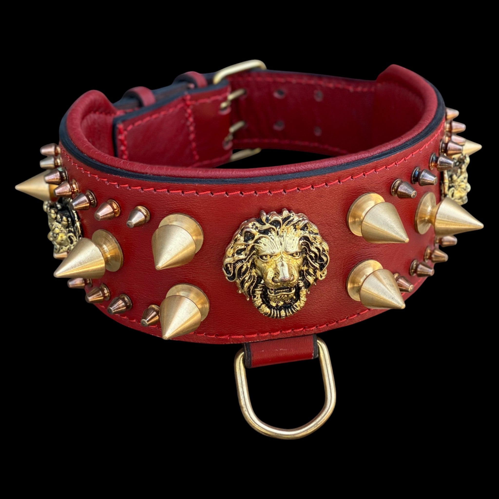 Handcrafted Red Leather Dog Collar – Lion Head Design with Gold Spikes, Wide Strong Collar for Cane Corso, Rottweiler, Doberman, Kangal, American Bully
