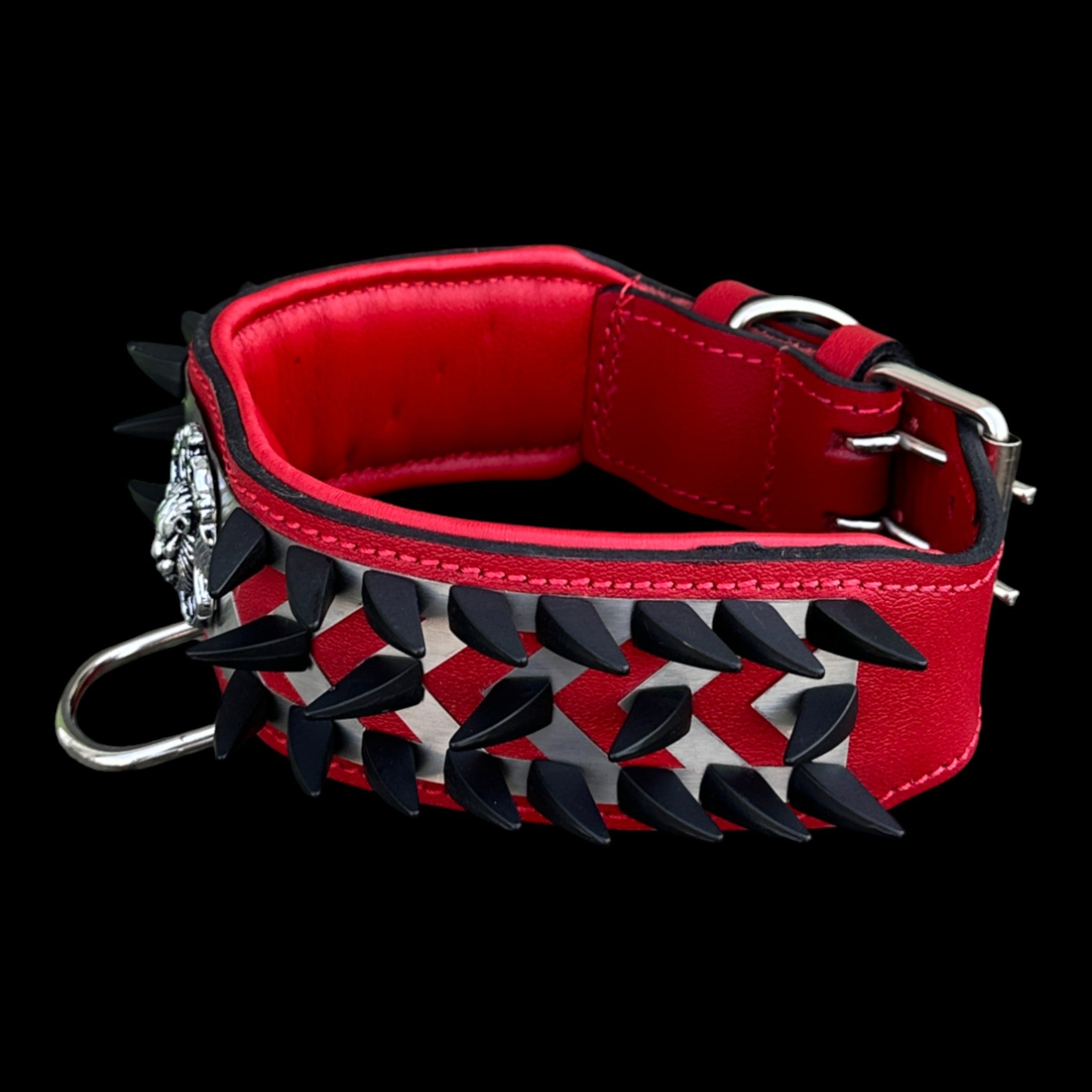 Heavy-duty buffalo leather dog collar with ivory black spikes