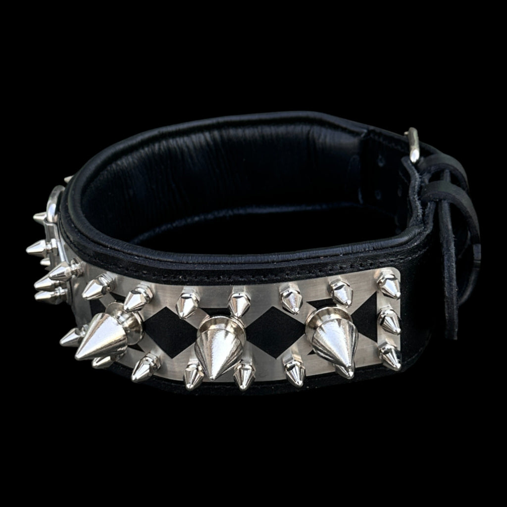 Premium 6 cm stainless-plate collar with polished metal spikes