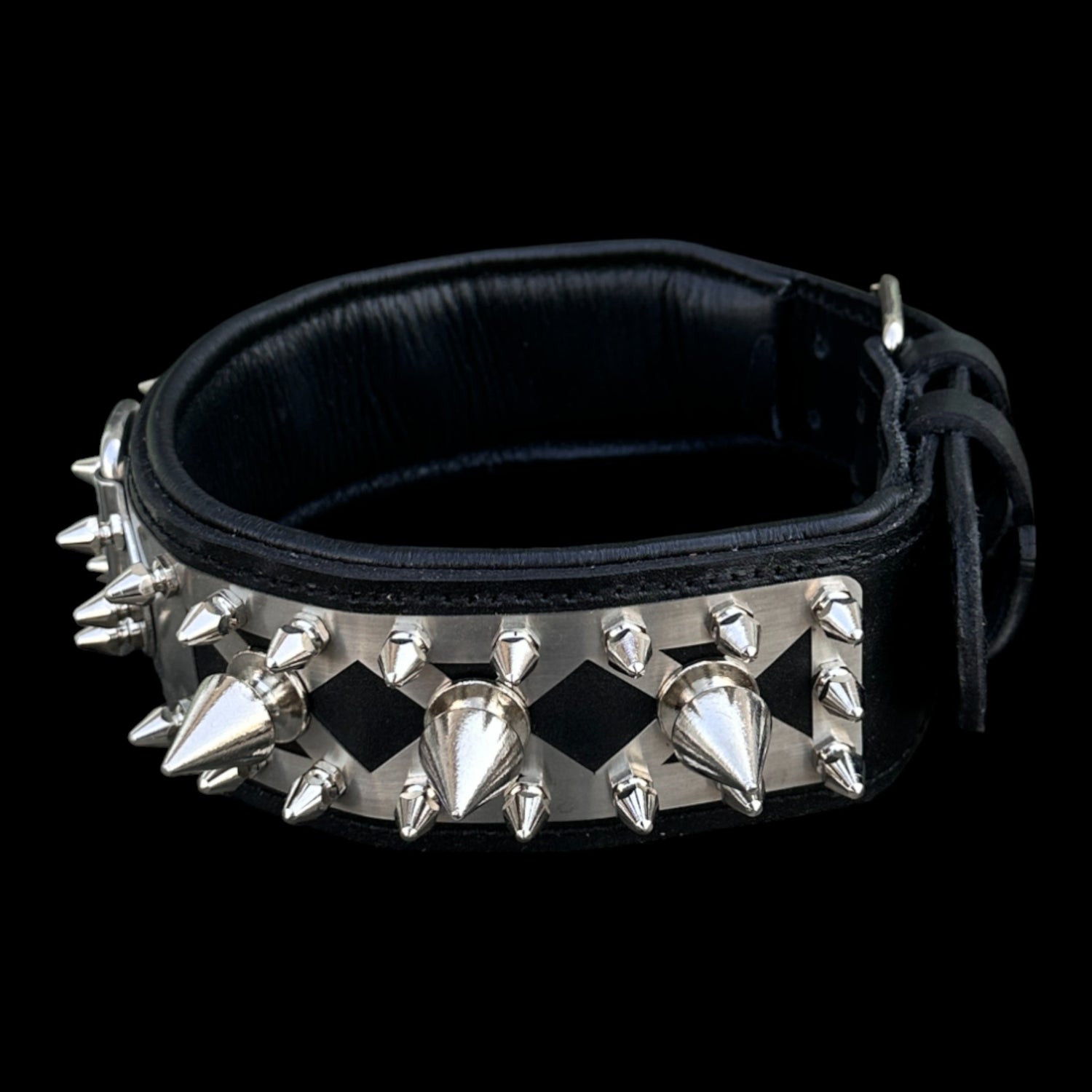 Premium 6 cm stainless-plate collar with polished metal spikes