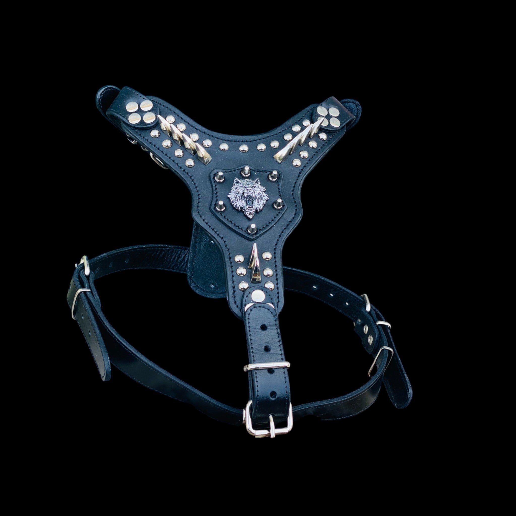 Wolf emblem spiked harness for large breed dogs like German Shepherd