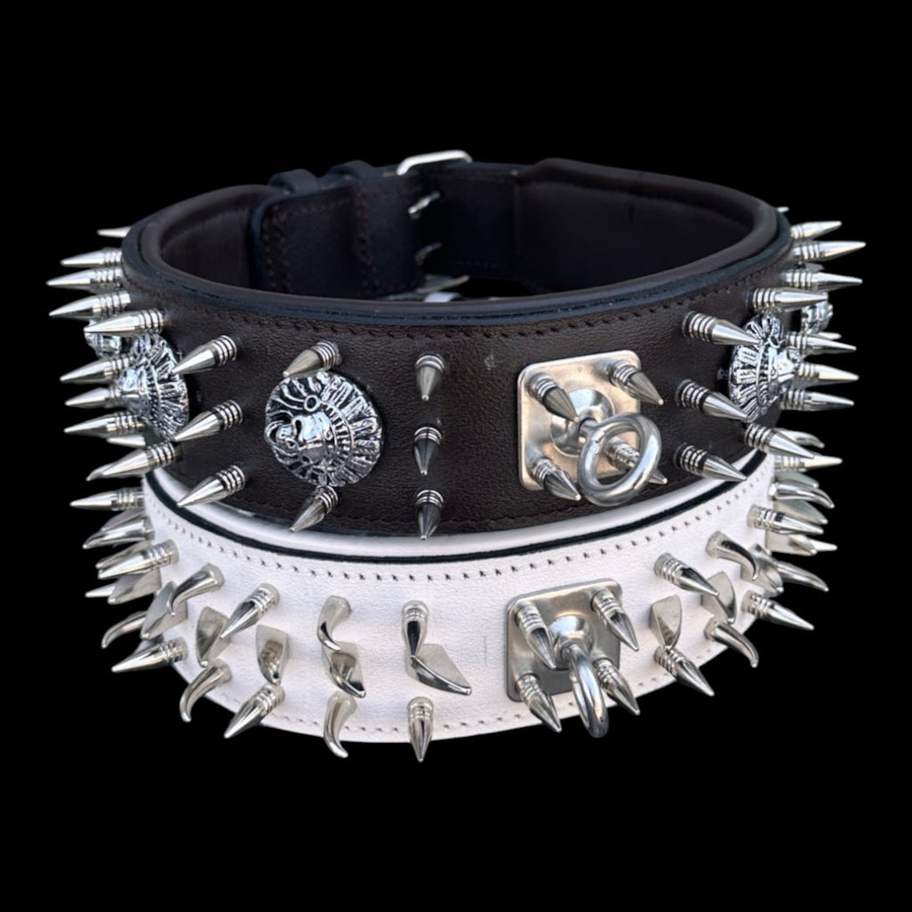 White Leather Spiked Dog Collar – Handmade Wide Collar with Silver Hardware